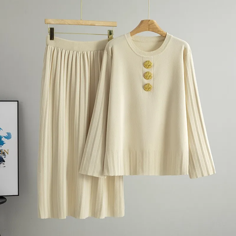 

Women's Knitted Two-Piece Set Loose Knitted Sweater Jacket Pleated Half Skirt Two-piece Women's Spring and Autumn New Style