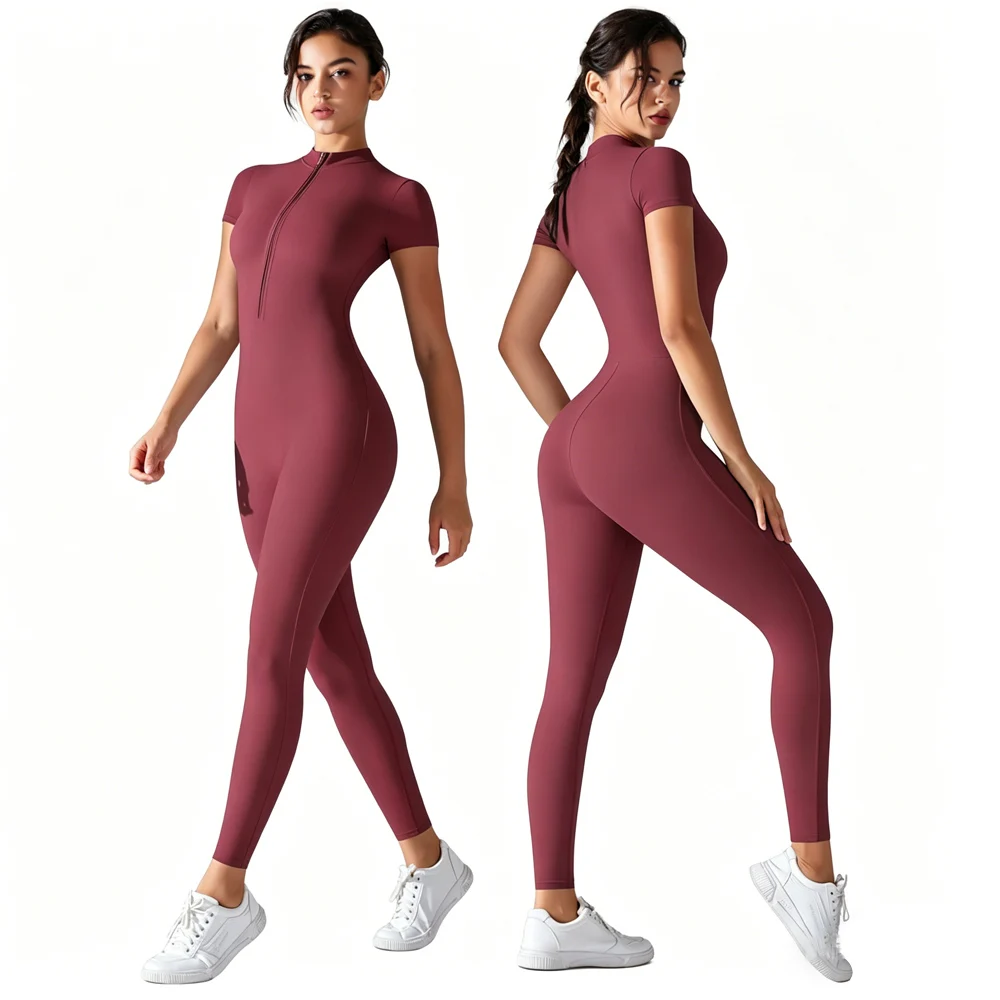 

Женский комбинезон для йоги с коротким рукавом и молнией спереди, эффект второй кожи, быстросохнущий, дышащий, цельный облегающий спортивный костюм для фитнеса и тренировок