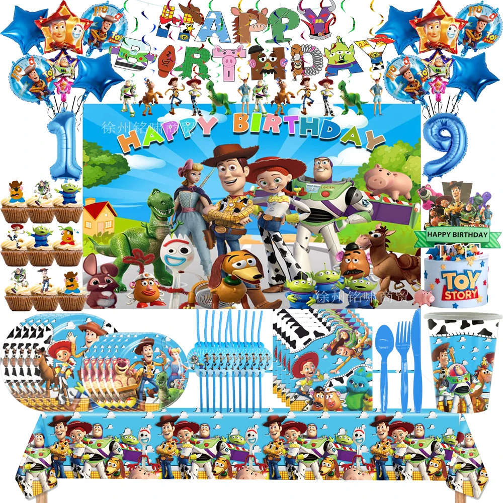 Décorations de fête d'anniversaire pour garçons, histoires de jouets, vaisselle jetable, assiettes en papier, nappe, serviettes pour enfants, fournitures de réception-cadeau pour bébé