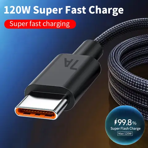 120W 7A USB to Type-C Super Fast Charging Cable 0.25m/1m/1.5m/2m Braided Data Wire For Xiaomi Huawei Oppo Vivo Honor Redmi Phone