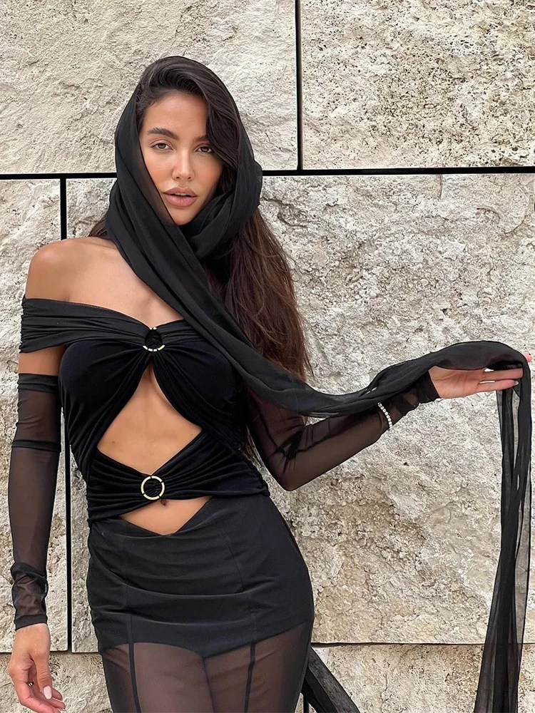 فستان نسائي طويل بدون أكتاف ، مقطوع ، شبكي ، مكشكش ، طويل ، مشهور ، أنيق ، حفلة ، سهرة ، نادي ، فاخر ، مثير ، ملابس ،