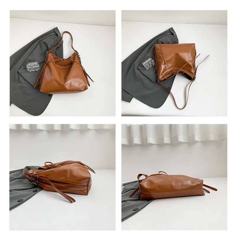 Fashionable Soild Color Large Capcity Shoulder Bag Vintage PU Leather Women\'s Tote Bag Minimalist Luxury Commute Crossbody Bag