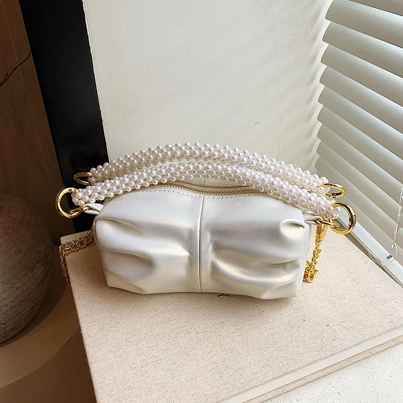 Exquisite Pearl Beading Handbags Pearlescent Solid PU Zipper Gold Chains Square Shoulder Bags for Women 2024 Fashion New Style