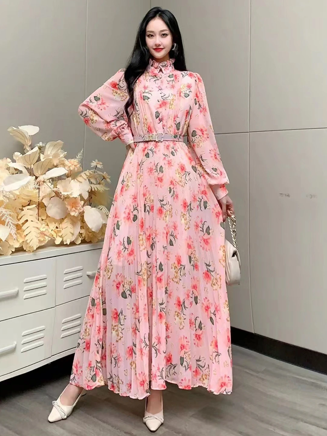 2024 New Spring Autumn Women Ruffled Collar Long Sleeve Belt Slim Long Dress Sweet Pleated Big Hem Chiffon Floral Dress