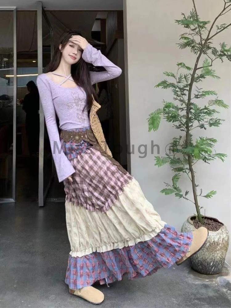 Summer Y2k Elegant 2 Piece Set Women New Halter Tops + Pleated Long Skirts Female Casual Chic Ruffle Pachtwork Streetwear Suits