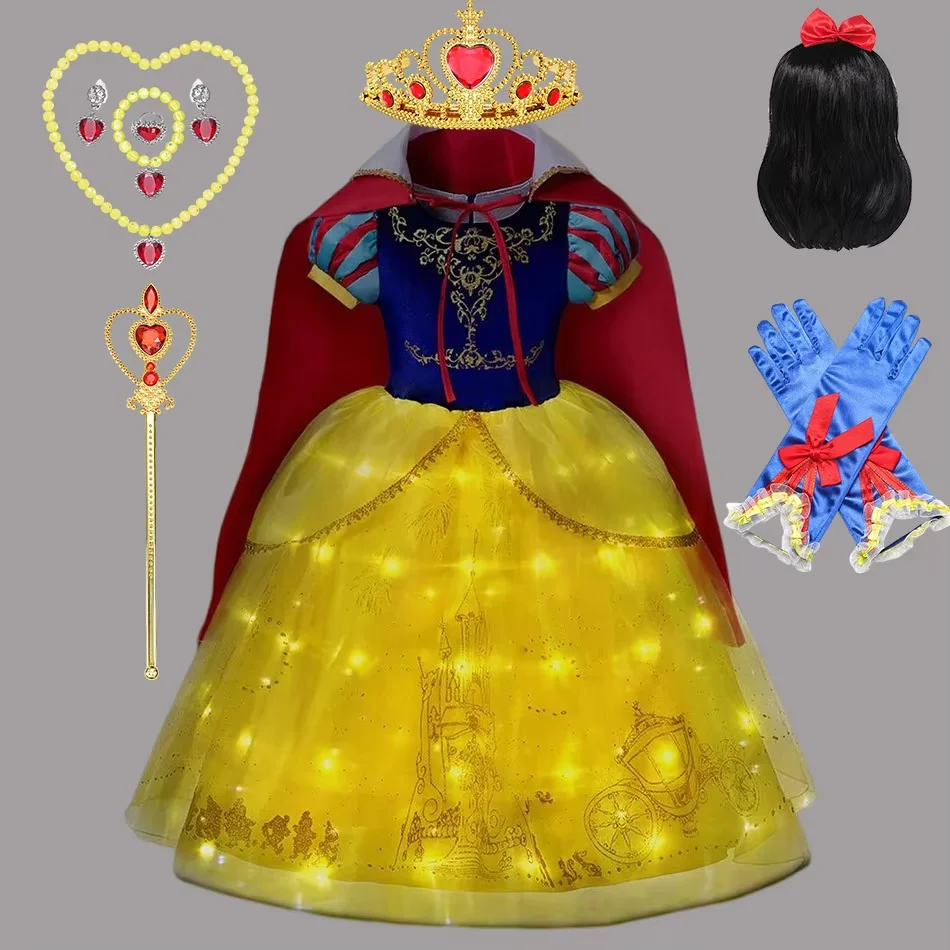 Snow White Costume Light Up Princess Ball Gown for Girls Fancy Kids Role Play Pretend Party Dress up 2-10 Yrs Deluxe Robe