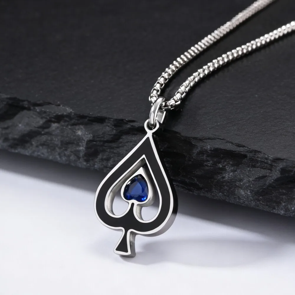 Ace of Spades Halskette für Männer, blauer Stein, Edelstahl, Spade A Anhänger Halskette, Hip Hop Punk Rocker Schmuck Geschenk