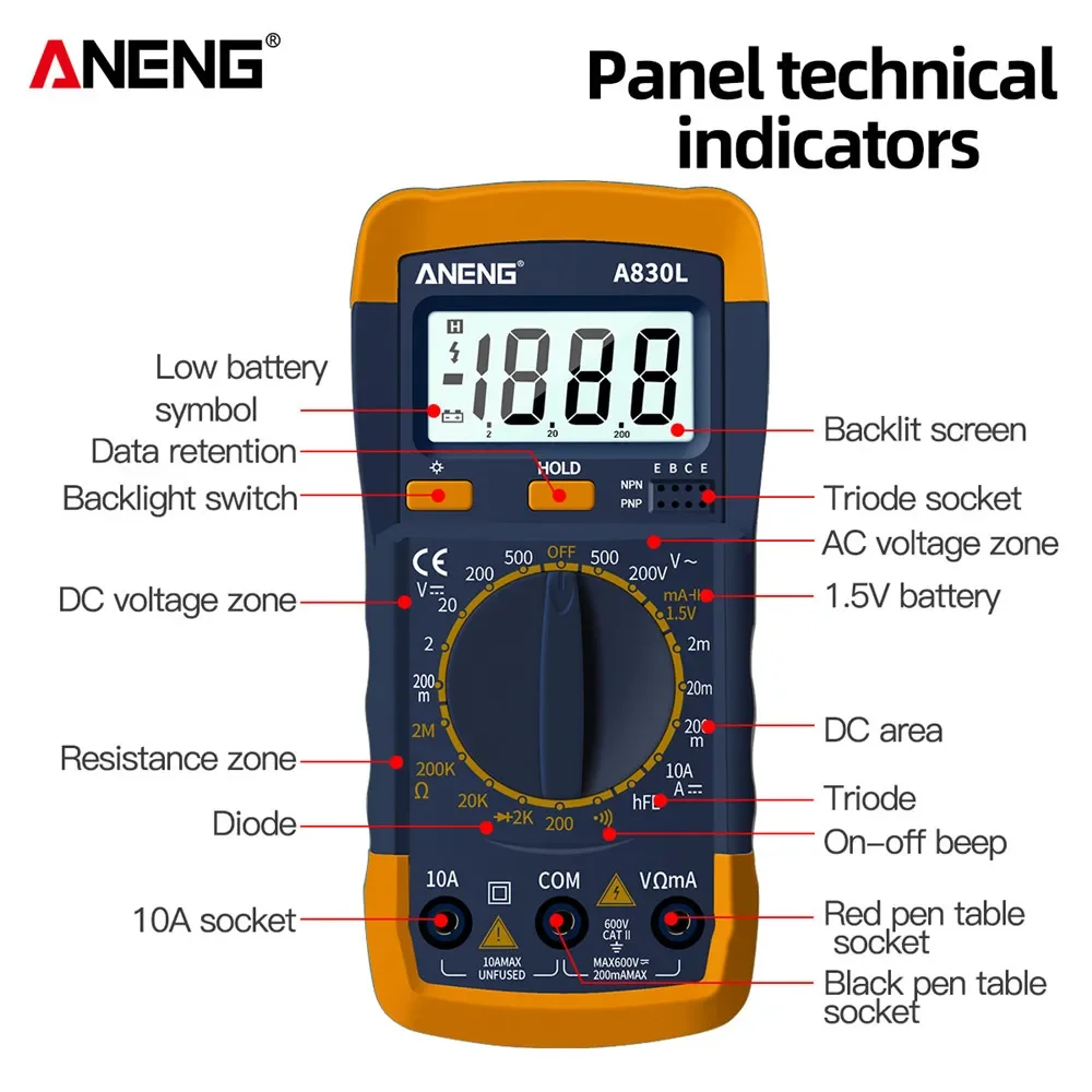 ANENG A830L LCD 디지털 멀티미터, AC DC 전압 다이오드 주파수 멀티테스터, 전류 테스터, 부저 포함 발광 디스플레이