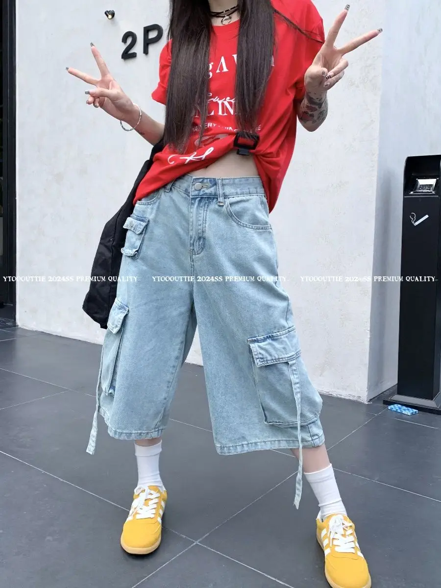 Cargo Pants Pocket White High-Waisted American Retro High Street Jeans Women'S Summer Loose Wide-Leg Pants Three-Quarter Pants