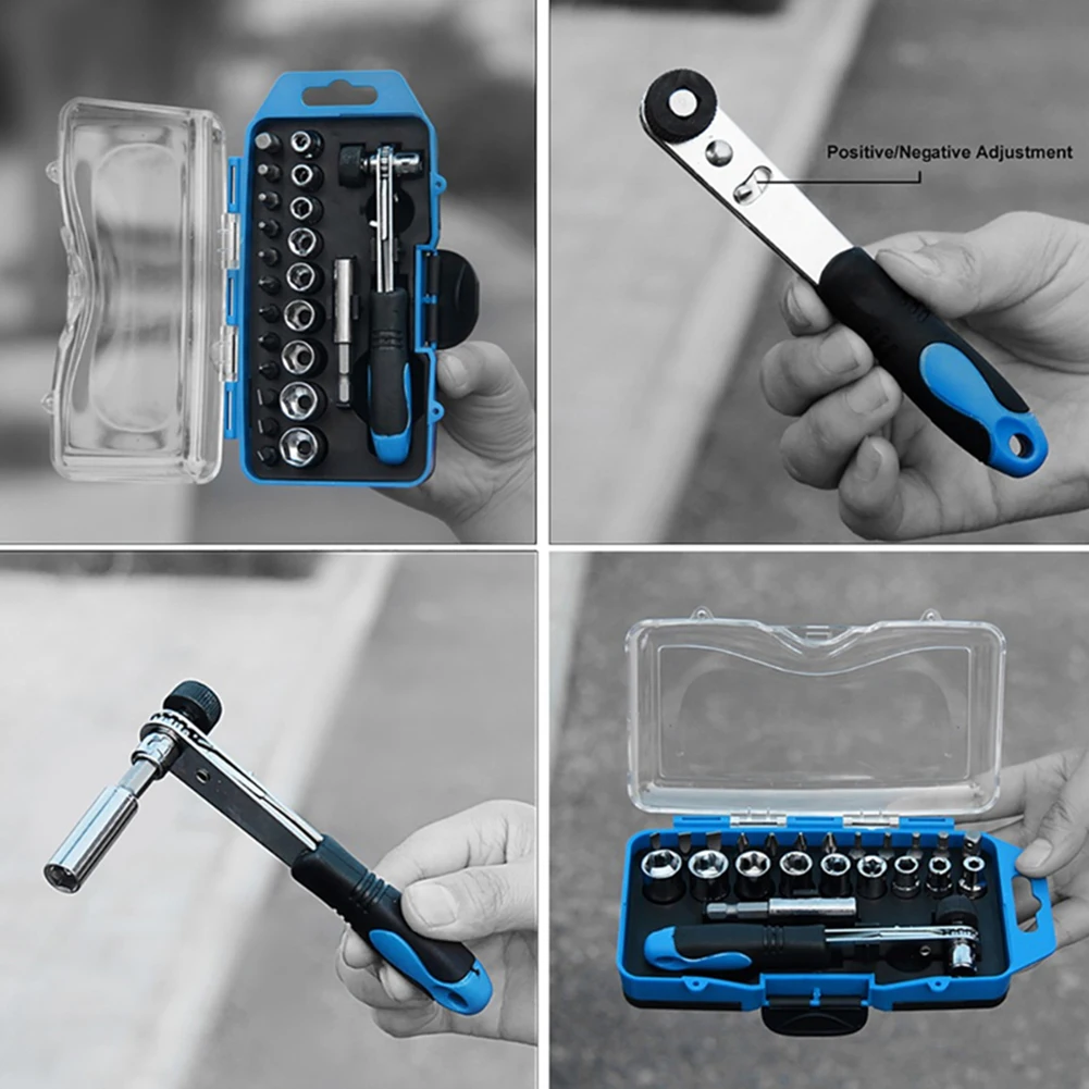 Socket Driver Kit Mini Ratchet Bits Set Cross Screwdriver Bits Magnetic Bit Holder Offset Ratchet Driver Rubber Batch Handle