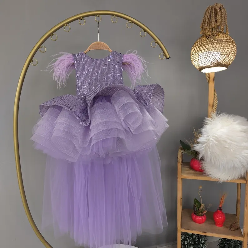 Flower Girls Dress Handmade Lilac Sequin & Feather Birthday Dress: Puffy Tulle Toddler Gown for Wedding Party