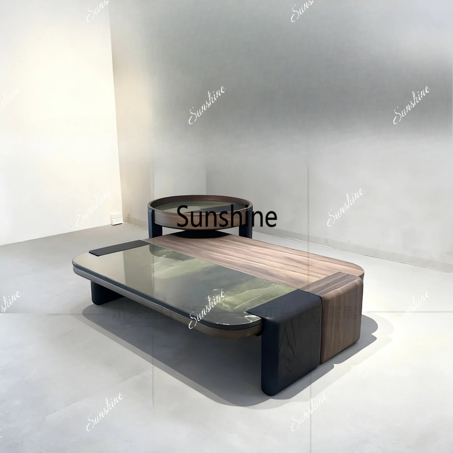 French square and round combination coffee table, wood veneer, natural stone parquet countertop