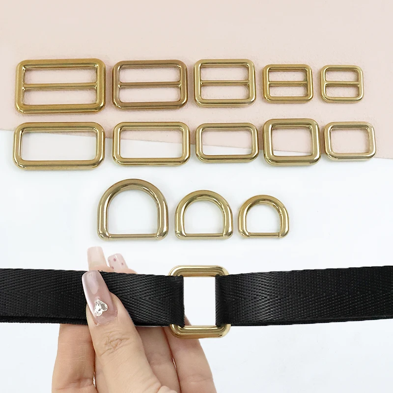 

2/4P Solid Brass D Ring Bag Strap Buckles Tri-Glide Slider Clasp Webbing Belt Square Buckle Dog Collar Adjuster Loop Accessories