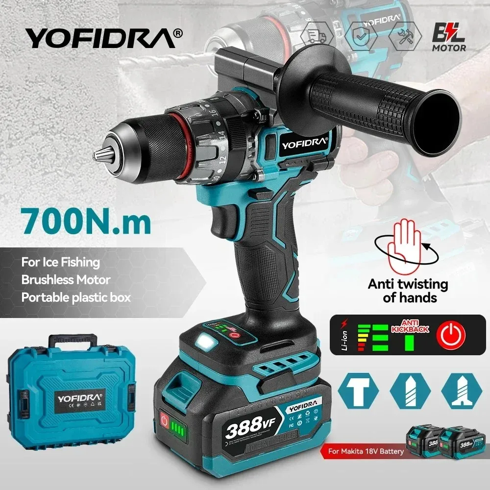 YOFIDRA 700N.m Brushless Electric Impact Drill 13mm Cordless Screwdriver DIY Ice Breaking Power Tool For Makita 18V Battery Pin