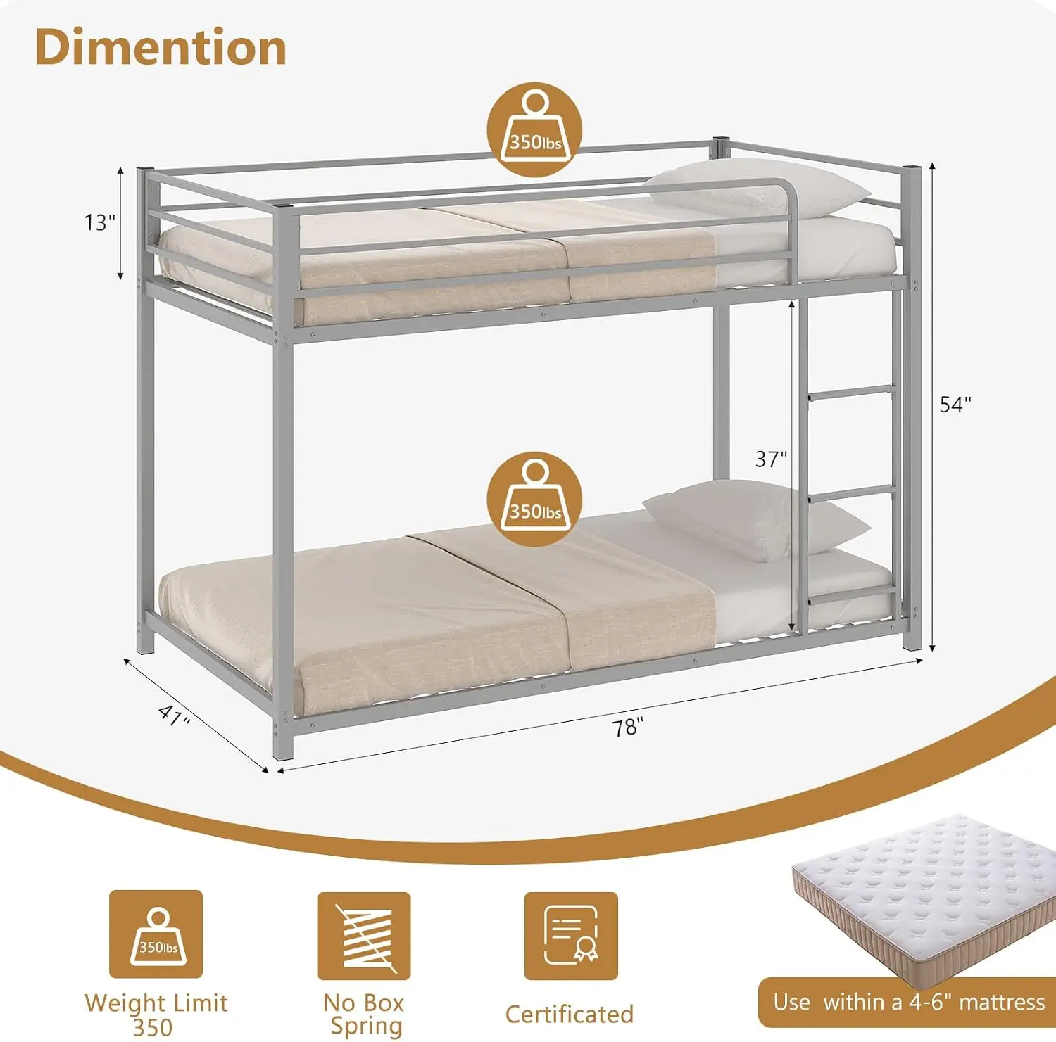 Bunk Bed Twin Over Twin, Metal Twin Size Bed Frame with Safety Guardraild for Boys Girls, Junior, Low Profile Space Saving Desig