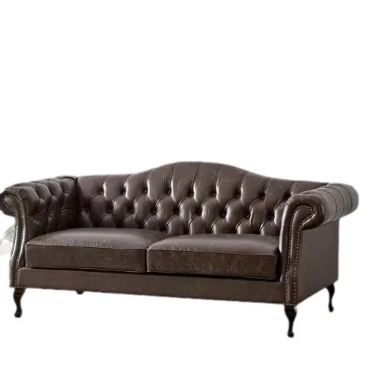 

American leather retro sofa light luxury oil wax leather old living room simple double three-person buckle combination sofa