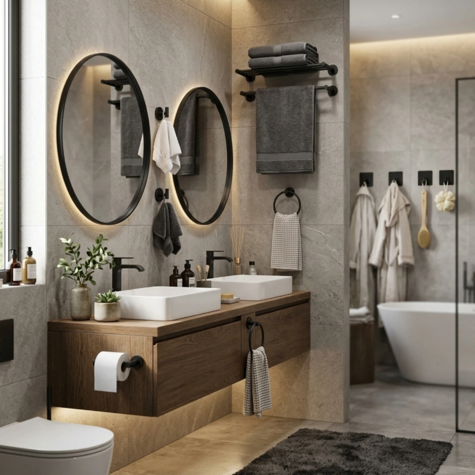 14 Pieces Bathroom Hardware Set Matte Black Towel Holder Kit with Hooks Towel Bar Set Stainless Steel Robe Hook Wall-Mounted