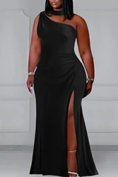 Plus Size Formal Black Oblique Collar Split Ruffled Fold Maxi Dresses