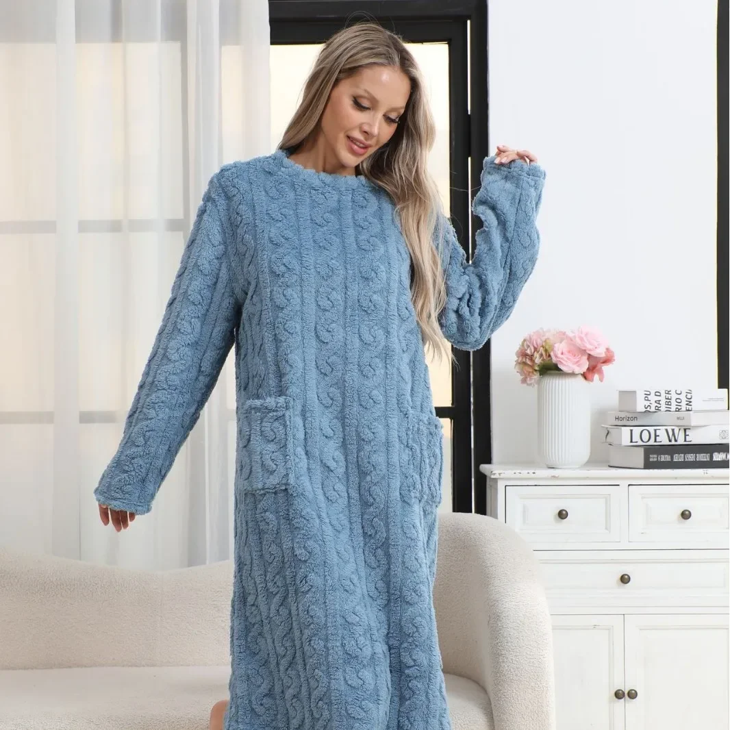 

Синяя ночная рубашка, теплый коралловый флисовый халат, одежда для сна с длинными рукавами, одежда для сна с круглым вырезом, Pijama Mujer, домашний халат, одежда для дома