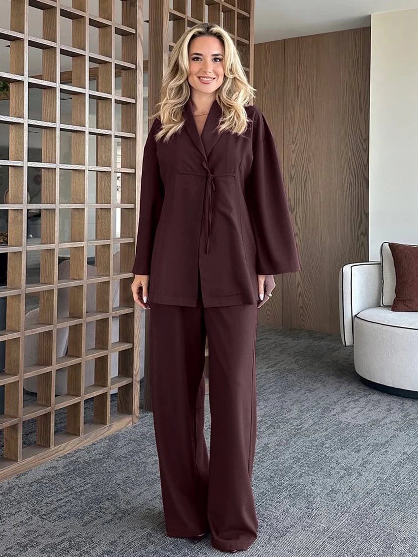 

Marthaqiqi Loose Women Pajamas Set Lace Up Nightie Long Sleeve Sleepwear Turn-Down Collar Nightgowns Pants Casual Nightwear Suit