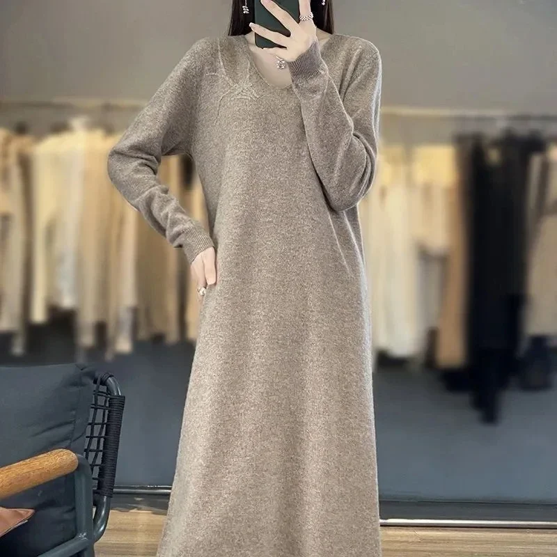 

Stylish Knitted Dress for Women Clothing 2024 New Autumn Winter V-neck Long Leeve Sweater Dress Jersey Dresses A168