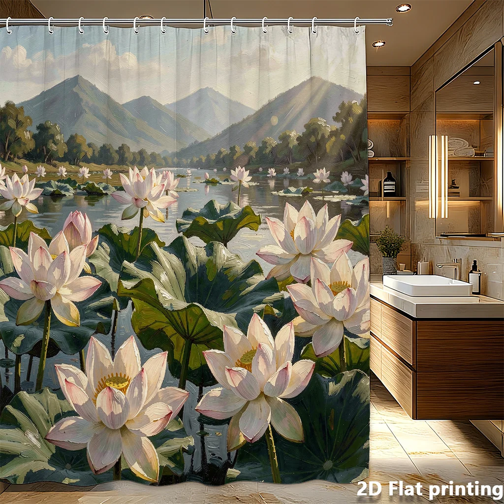 

Shower Curtain Lotus Pond Art Soft Pink White Flowers, Green Leaves, Mountain Lake Background, Waterproof Polyester, Grommet Top