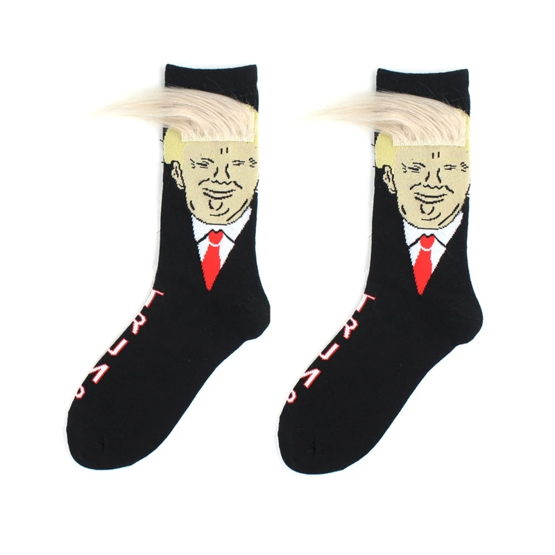 Spoof Funny President Donald Socks with 3D Fake Hair Socks Men Socks Streetwear Hip Hop Cotton Socks Middle Tube Ankle