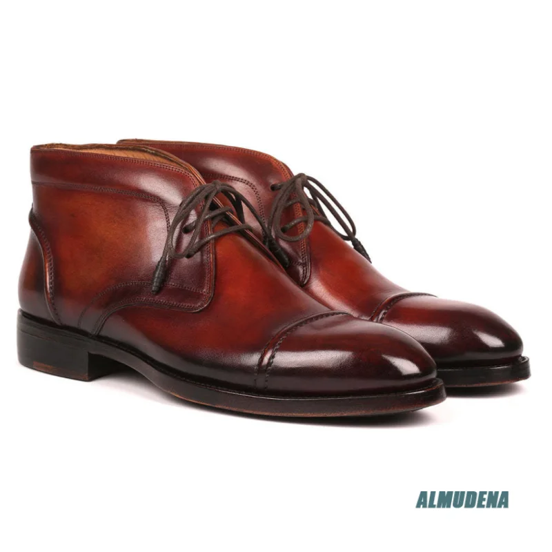 Dark Brown Gradient Polished Leather Chukka Boots Men Fashion Lace Up Spring Autumn New Comfortable High Cut Formal Ankle Boots