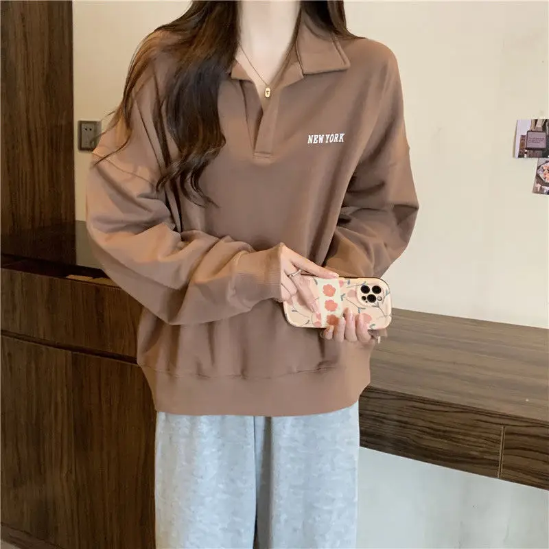 Casual Polo-Neck Loose Sweatshirts Women\'s Clothing Letter Printed Basic Spring Autumn Streetwear Korean Long Sleeve Pullovers