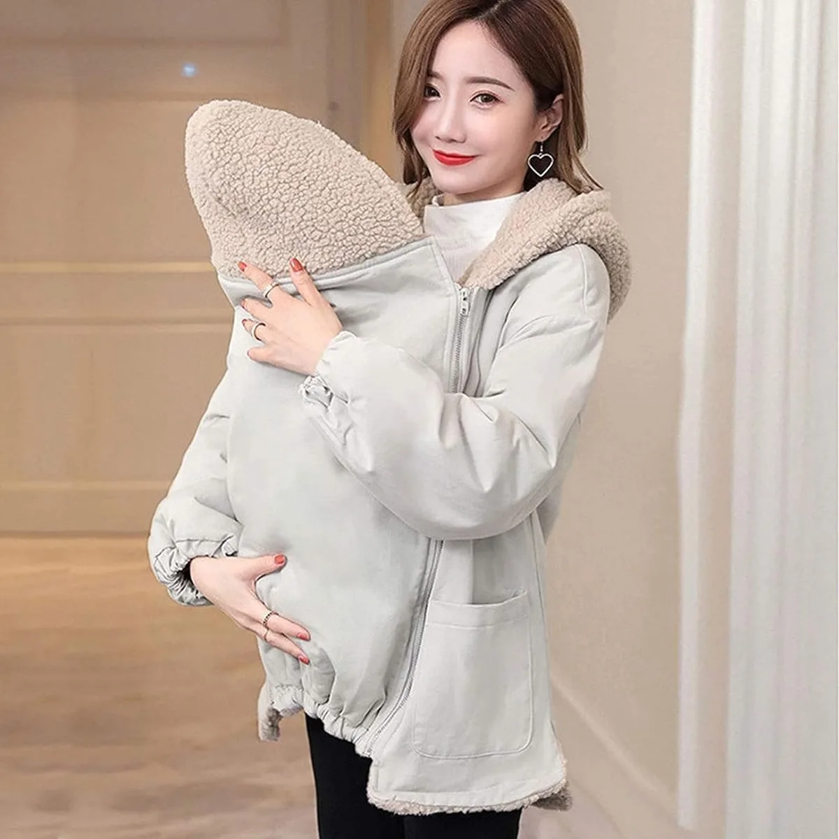 Multifunction Women Maternity Baby Carrier Hoodie Jacket with Zipper Kangaroo Coat Detachable Hooded Sweatshirt Winter Sweater