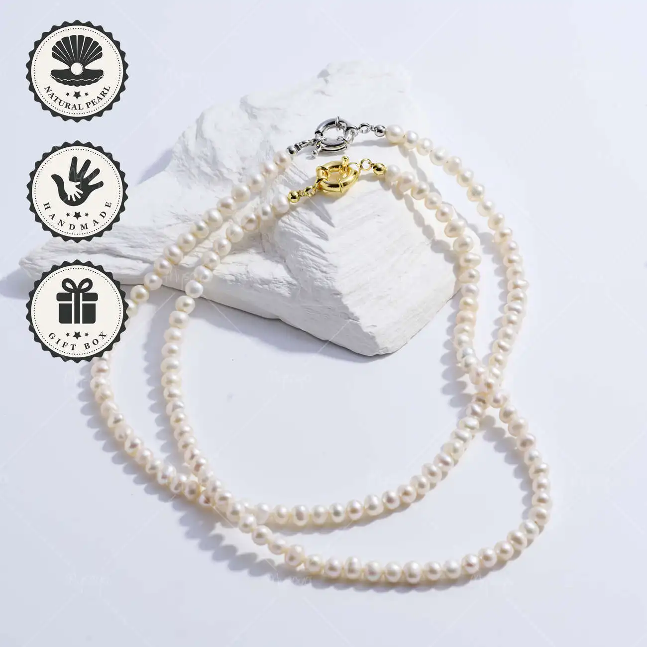 

MYSOYA Natural White Freshwater Pearl Necklace, 5-6mm Pearls with Gold & Silver Nautical Clasp, Gift Box, Birthday Gift