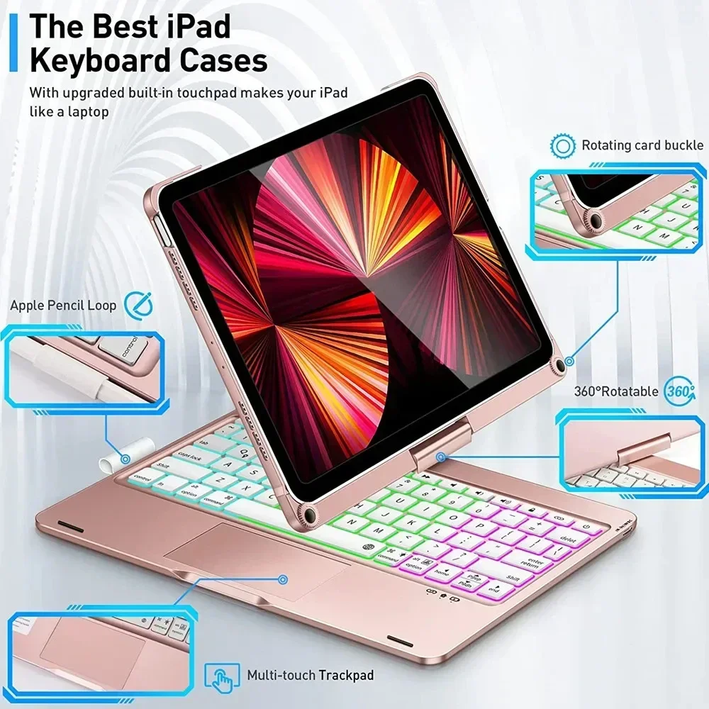 Keyboard Case For iPad Pro 11 2024 M4 Air 13 11 iPad 10.5 10.2 10th Air 4 5 10.9 Inch 360 Degree Magic Backlit Keyboard Funda