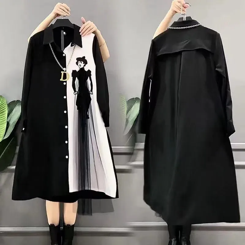 Black Shirt Dresses Spring/Summer 2023 New Mesh Stitching Contrast Dress Tops Plus Size Women Dress Coat Mid-Long Vestidos