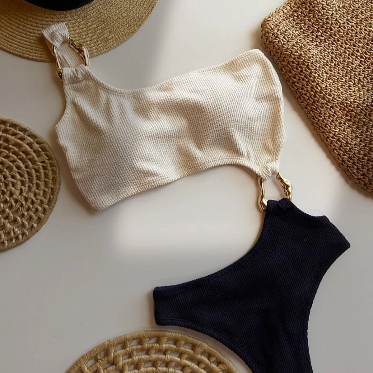 Smvp 2026 Summer New Women Irregular Metal Accessories Bikini One-piece Swimsuit Beach  Ladies Swimsuit