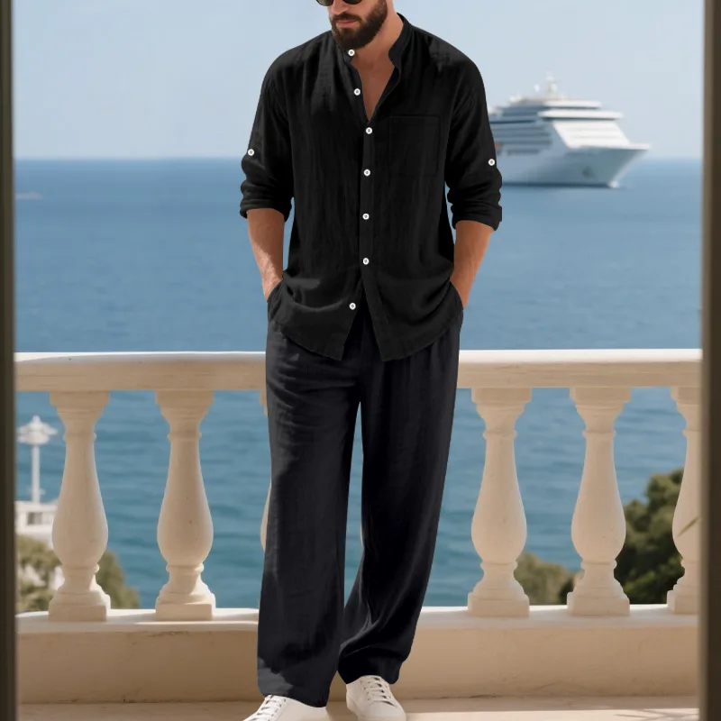 2025 весенне-осенний льняной свободный мужской костюм, дышащая простая рубашка на пуговицах с длинными рукавами, домашний пляжный длинный брючный костюм для мужчин