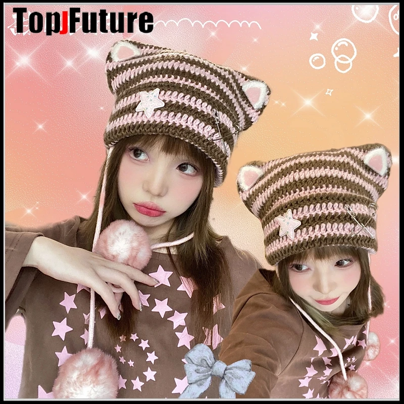 Harajuku Gothic Lolita Japanese Beanie Hat Cat Ear Striped Knitted Cap Autumn Winter Cute Cat Ears Y2K Girl Women\'s Hats