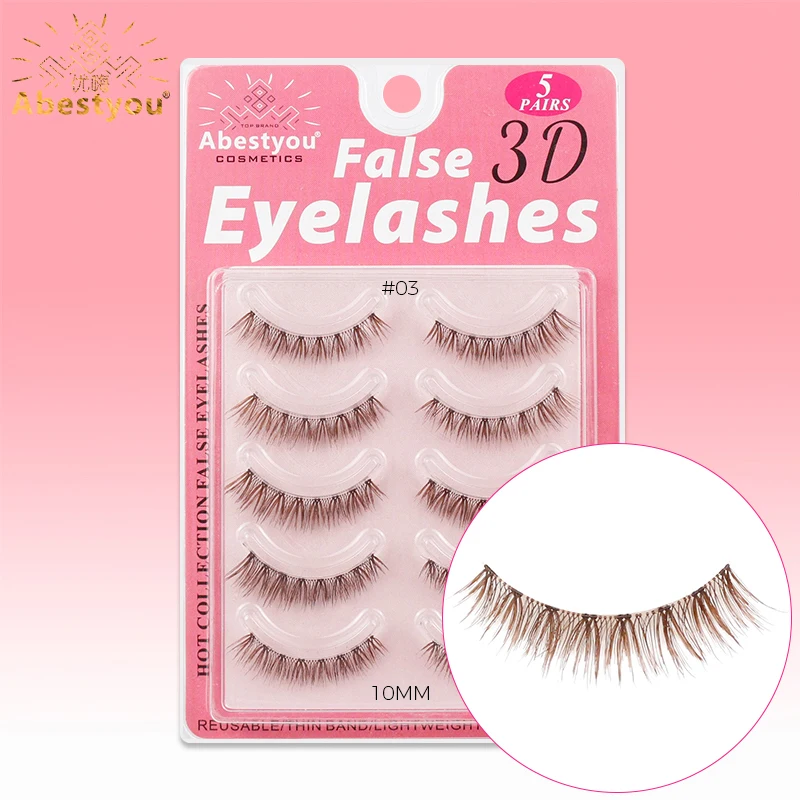 Abestyou 5pair Short Lighter 7-10mm Invisible Band Stripe Dark Brown Eyelash Cat Eye Mink Blonde Lashes Extension Asian Makeup