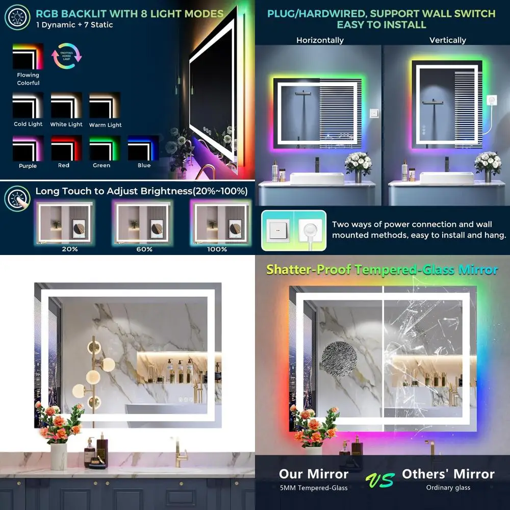 

Водонепроницаемое светодиодное косметическое зеркало с регулируемой яркостью и передним и задним освещением RGB для настенного крепления в ванной комнате