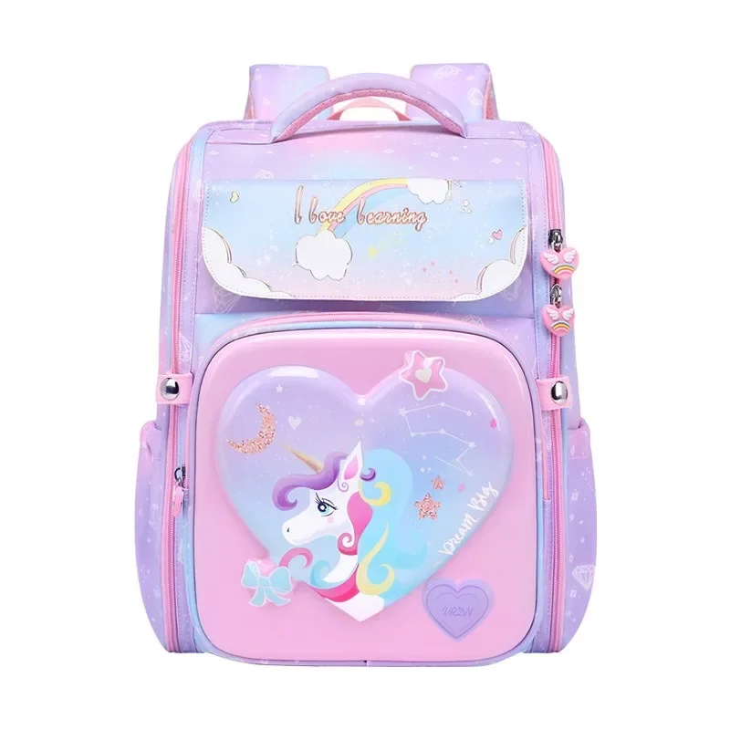 Bolsa de livros da escola primária para meninas, mochila infantil, impermeável, fácil de limpar, 3d, fofa, desenhos animados, unicórnio, princesa