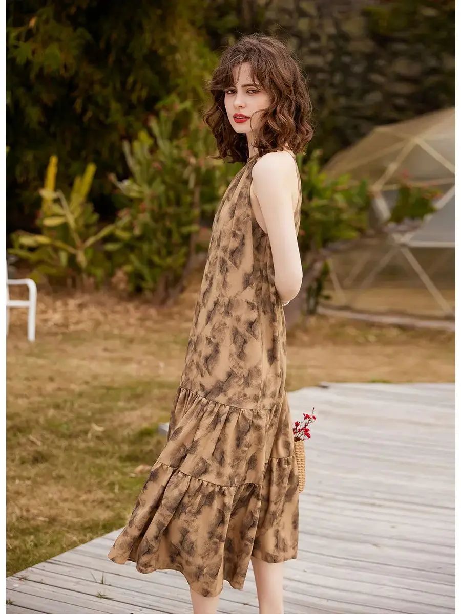 LOUIS YAO Women Dress 2024 Summer Retro Style Elegant Grace Sleeveless Loose Fit A-LINE Long Brown Dress