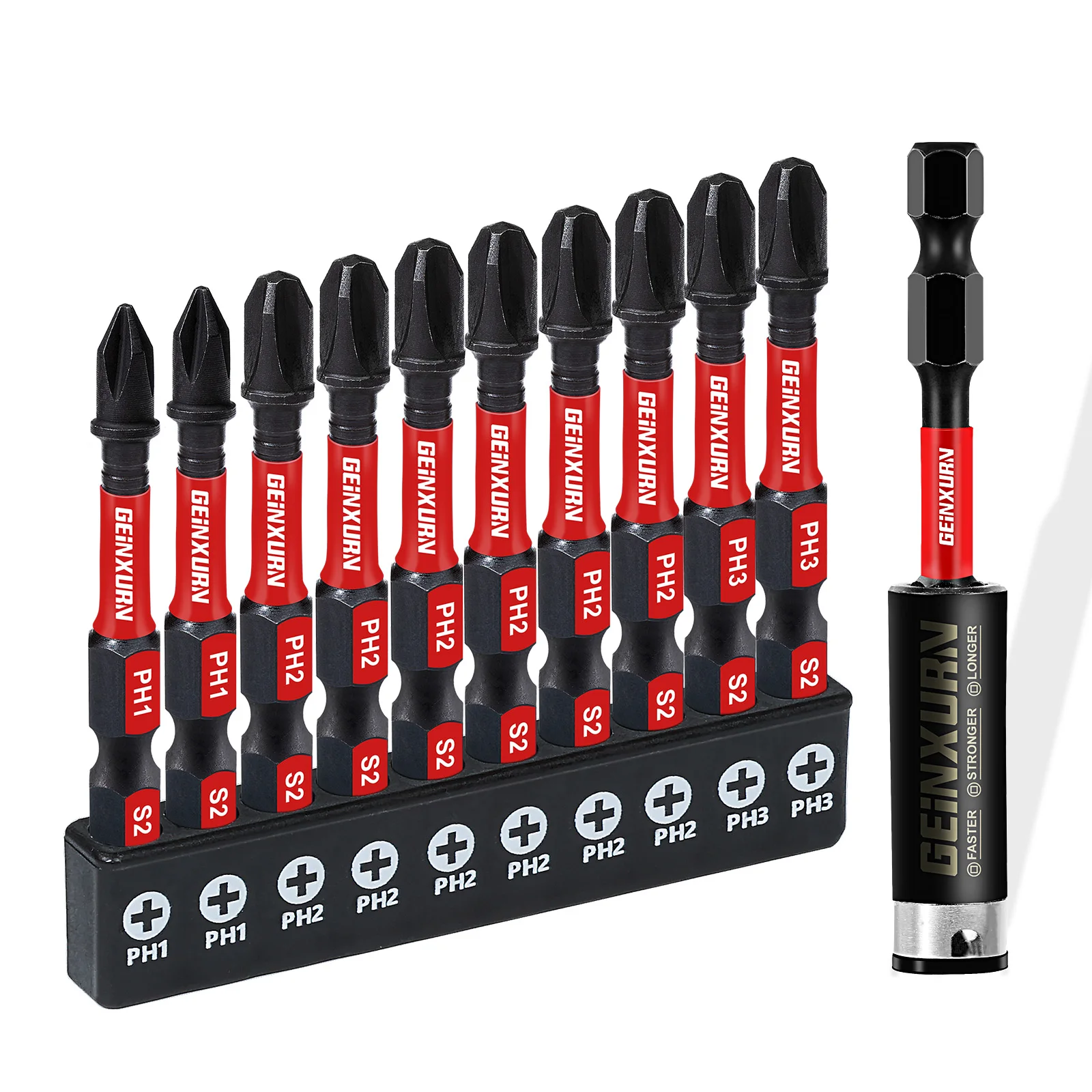 Geinxurn 2 Inches Impact Magnetic #1/#2/#3 Phillips Screwdriver Bit Set with Base