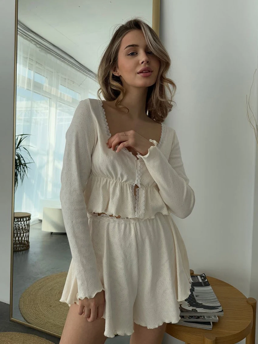 Marthaqiqi ملابس منزلية للسيدات بيجامات بأكمام طويلة ملابس نوم قصيرة مثيرة برقبة على شكل حرف v ملابس نوم قصيرة طقم قمصان نوم نسائية غير رسمية