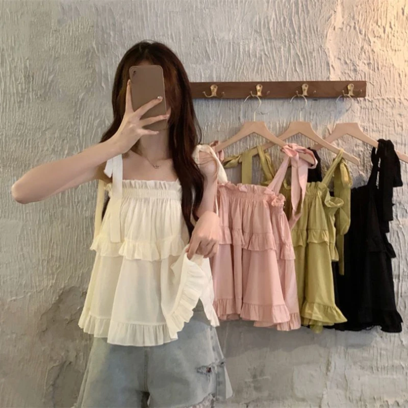 2024 Summer Kawail Sleeveless Shirt Women Evening Party Slim Sweet Blouse Office Lady Causal Outwaer Elegant Top Korean Fashion