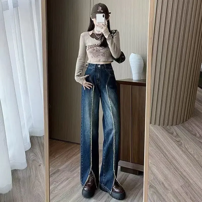 

Korean Fashion Women Vintage Flare Jeans Spring Summer Split High Waist All-match Pants Office Lady Streetwear Casual Trousers