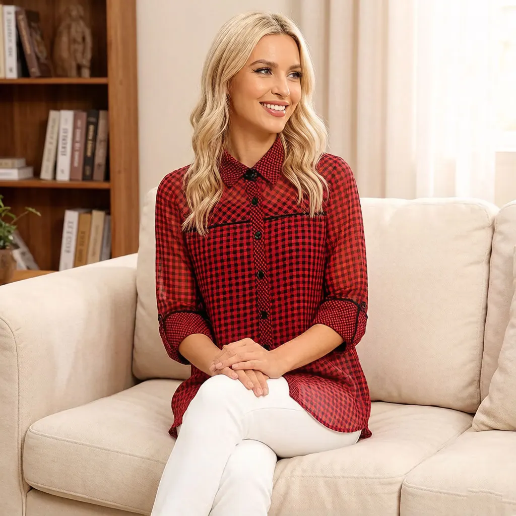 Blusa a cuadros roja y negra para mujer, camisa de malla Vichy Gingham con empalmes, top de gasa de manga larga con ribete en contraste, corte holgado, informal, para verano