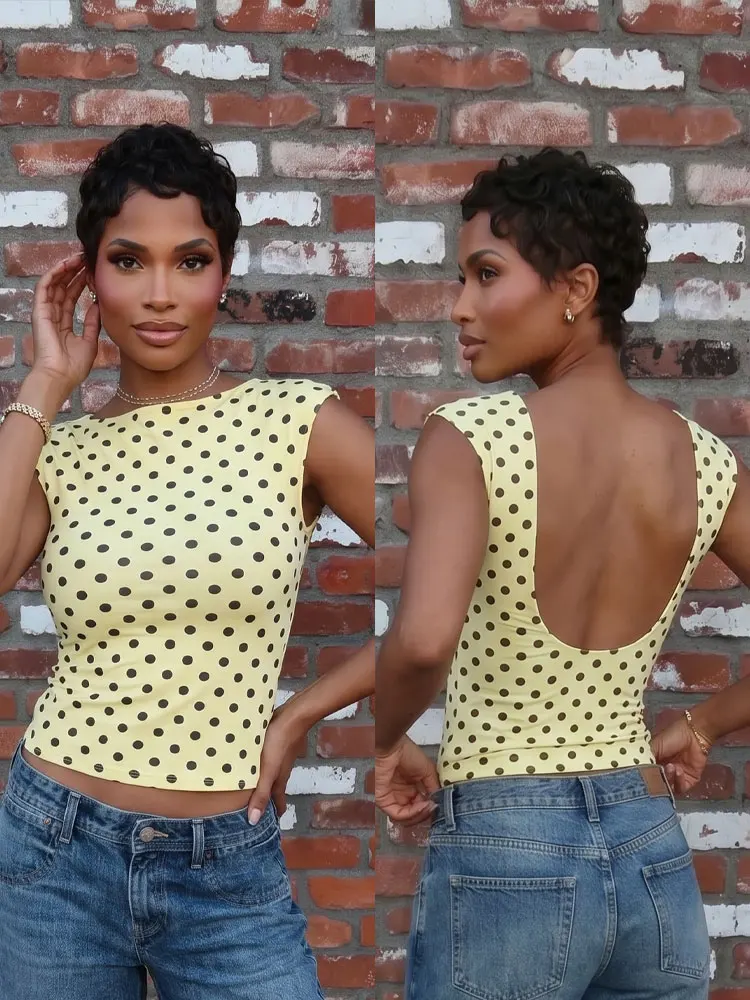 HH Women Elegant Polka Dot Sleeveless Slim Yellow Vest Fashion Backless Spring Summer Cropped Top Holiday Country Style Outfit