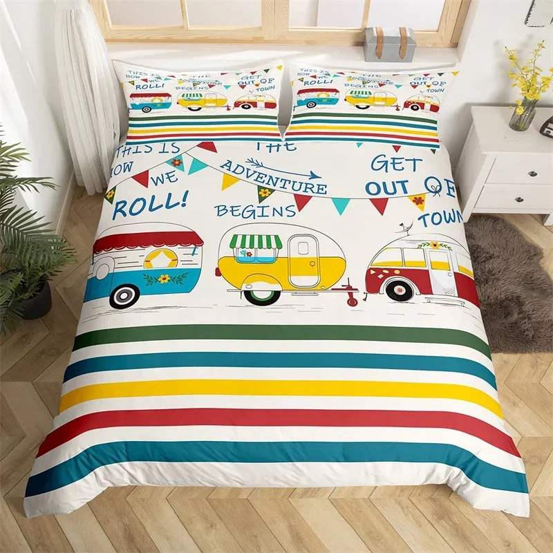 Camper Duvet Cover Farmhouse Style Happy Camping Bedding Set Colorful Striped Comforter Cover Polyester Rustic Cabin Quilt Cover