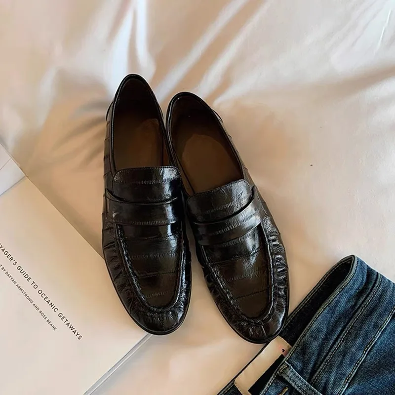 

Sheepskin Version ~ Retro Hand-pleated Loafers, New British Leather Shoes, Women's Eel Skin Flat Single Shoes