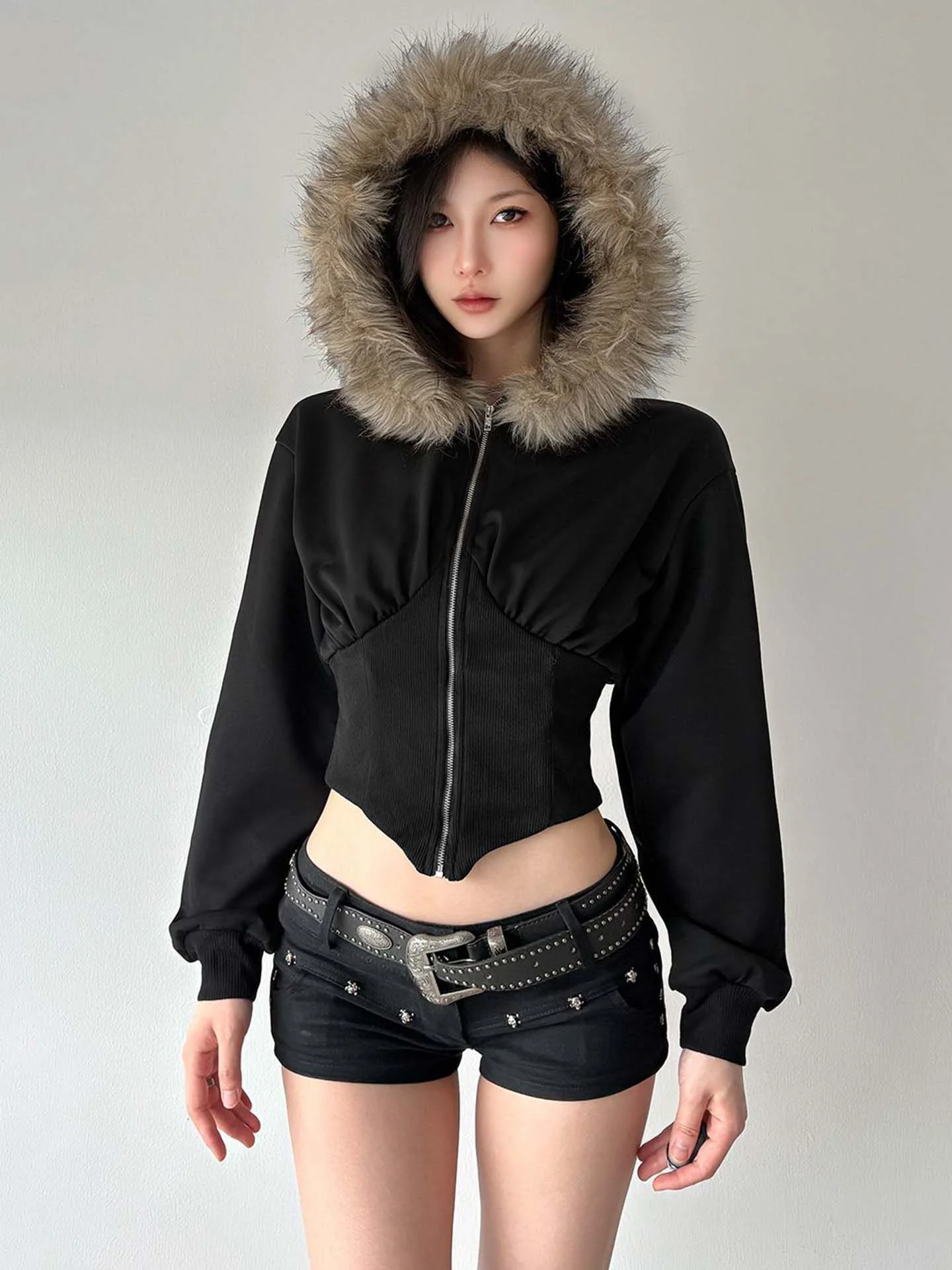 

Ретро-кардиган с меховым воротником и эффектом утяжки на талии, женский, весенний, новый, модный, универсальный, стройнящий, открытый, топ-кардиган