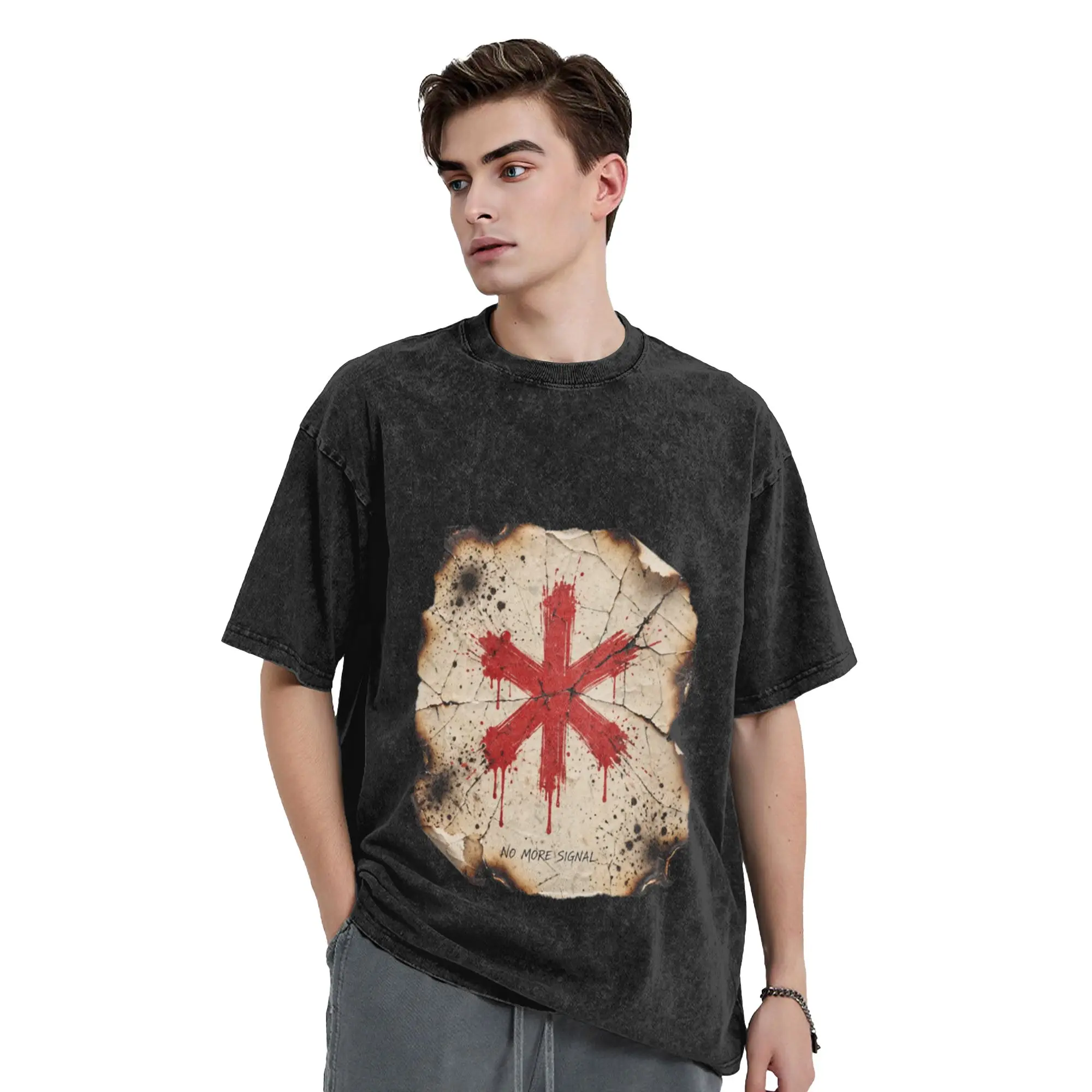 No More Signal Burnt Paper Red X Grunge Art Unique Chic A Washed T Shirt Men's Women's Oversized Cotton Tees Tops
